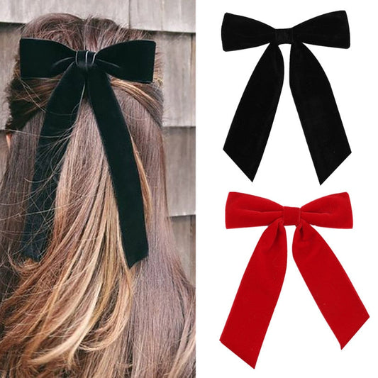 Vintage Black Big Large Velvet Bow Hair Clip For Women Girls Wedding Long Ribbon Korean Hairpins Barrette Hair Accessories