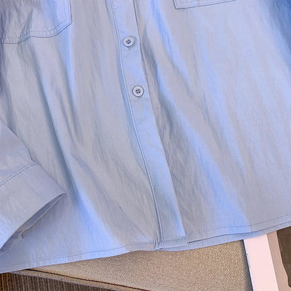 qgtao Plus size women's spring casual shirt imitation leather decoration polyester commuter top lapel work shirt blue