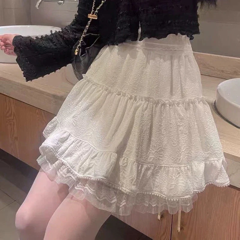 qgtao Kawaii Ruffle White Short Skirt Lace Lolita Elegant Mini Skirts Layered Solid Sweet Elegant Japanese Style Casual Skirt