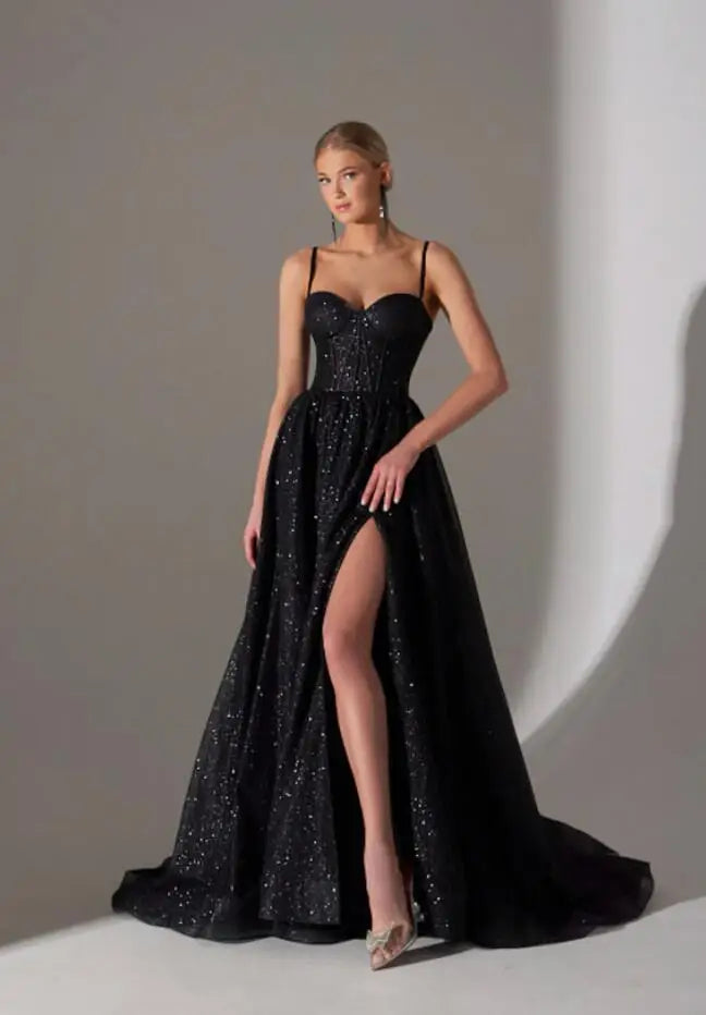 qgtao Gold Black Evening Dresses Glitter Tulle Sparkly Bling Long Sweep Train Sweetheart Spaghetti Strap A Line Formal Party Prom Gown