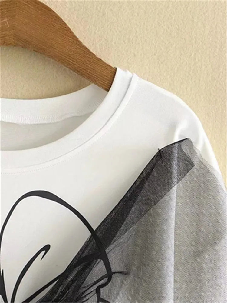 qgtao Plus Size Clothes For Women In Summer Short Sleeve Cotton T-Shirt Large Bow Decoration In Mesh Fabric Large Size Cotton Tops