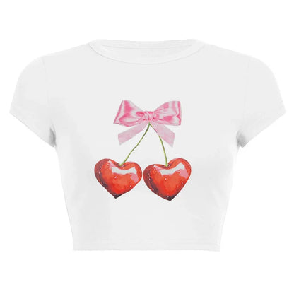 qgtao Y2k Tshirt Grunge Baby Tee Aesthetic Cherry Print Casual Vintage Streetwear Short Sleeve Crop Top Clothes Gothic Slim T-shirts