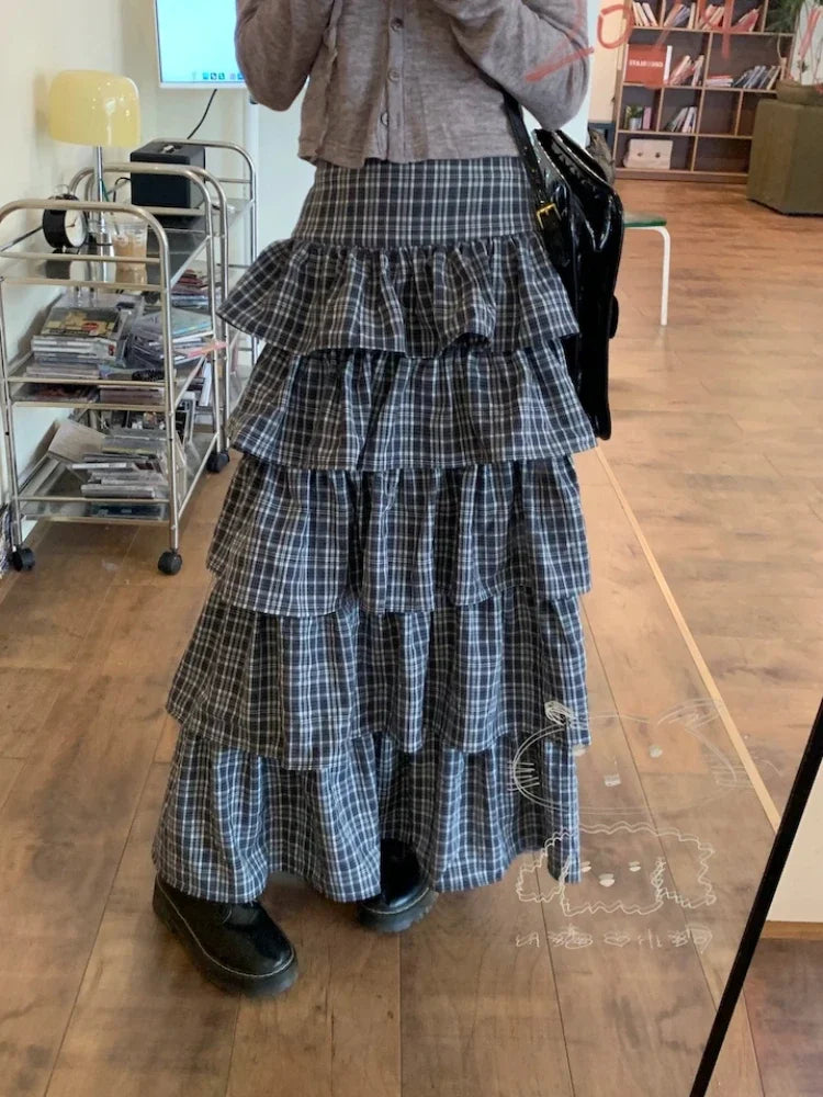 qgtao  -  Harajuku Tiered Plaid Skirt Pleated High Waist Long Maxi Cake Skirt Mujer Summer Fashion Tshirt Sexy Two Piece Set Women