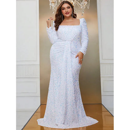 qgtao Plus Size Square Neck Sequin Luxury Extra Long Glitter Evening Gown Big Size Women Wedding Banquet White Sequin Evening Dress