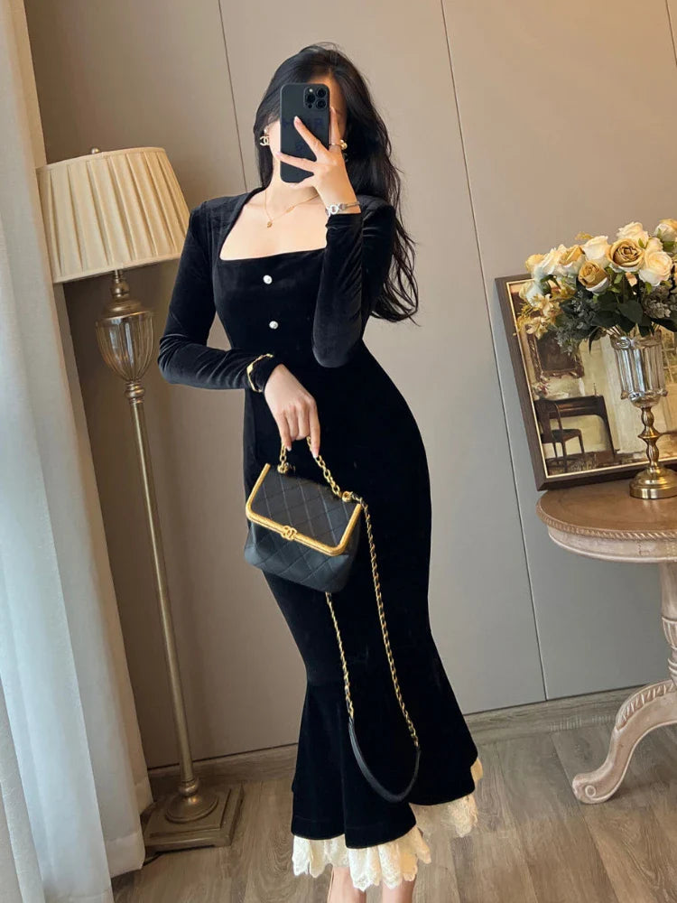 qgtao  Black Elegant Dress Women Vintage Bodycon Long Dresses Party Lace Patchwork Evening Prom 2024 Fashion Robe Slim