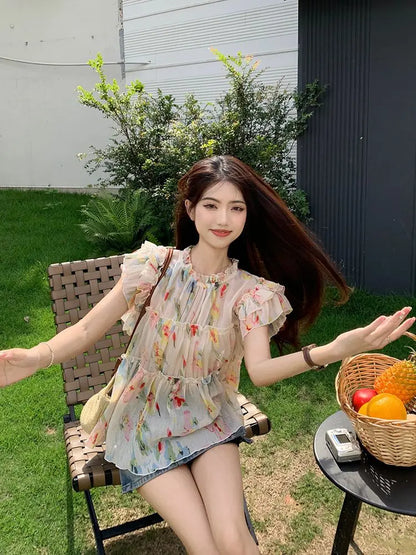 qgtao  -  Elegant Floral Print Chiffon Beautiful Blouse Women Flying Sleeve Shirt Spring Summer Fairycore Pleated Tops Aesthetic