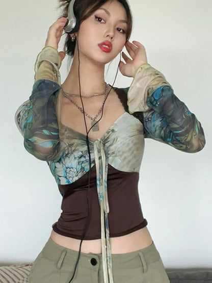 qgtao Y2k Vintage Tie Dye Printed Patchwork Square Neck T-shirt Flare Sleeve Slim Fit Streetwear Spring Autumn Shirts 2024.