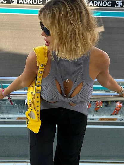 qgtao Sexy Crop Top Women T shirt Summer Cut Out Vest Round Collar Sleeveless Solid Knitting Tank Tops  Hollow Out Street wear