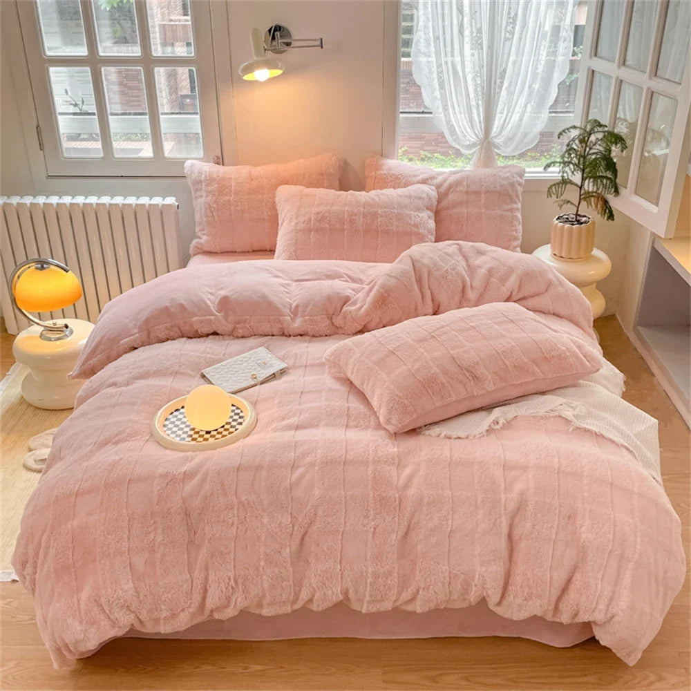 Yeknu Rabbit Plush Bedding Sets Milk Velvet Warm Four Piece Set Thicken Quilt Cover Bed Linen Pillowcase King Bedroom Decor