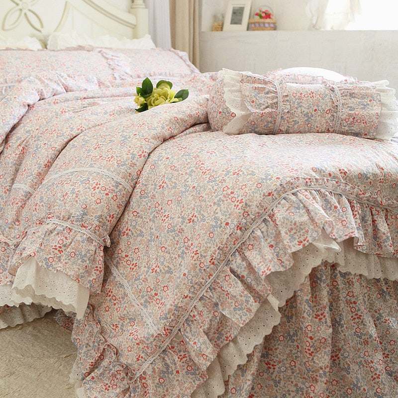 Yeknu Romantic Ruffle luxury duvet cover rose print bedding king duvet cover lace bed set princess cotton quilt cover duvet set queen