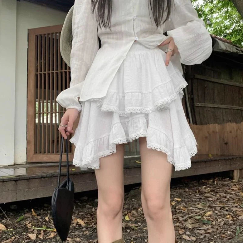 qgtao Ruffles Kawaii Women Mini Skirt Japanese Style Irregular Sweet Lace White Patchwork Elegant Casual Black Short Skirt