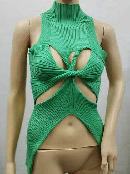 qgtao Sexy Crop Top Women T shirt Summer Cut Out Vest Round Collar Sleeveless Solid Knitting Tank Tops  Hollow Out Street wear