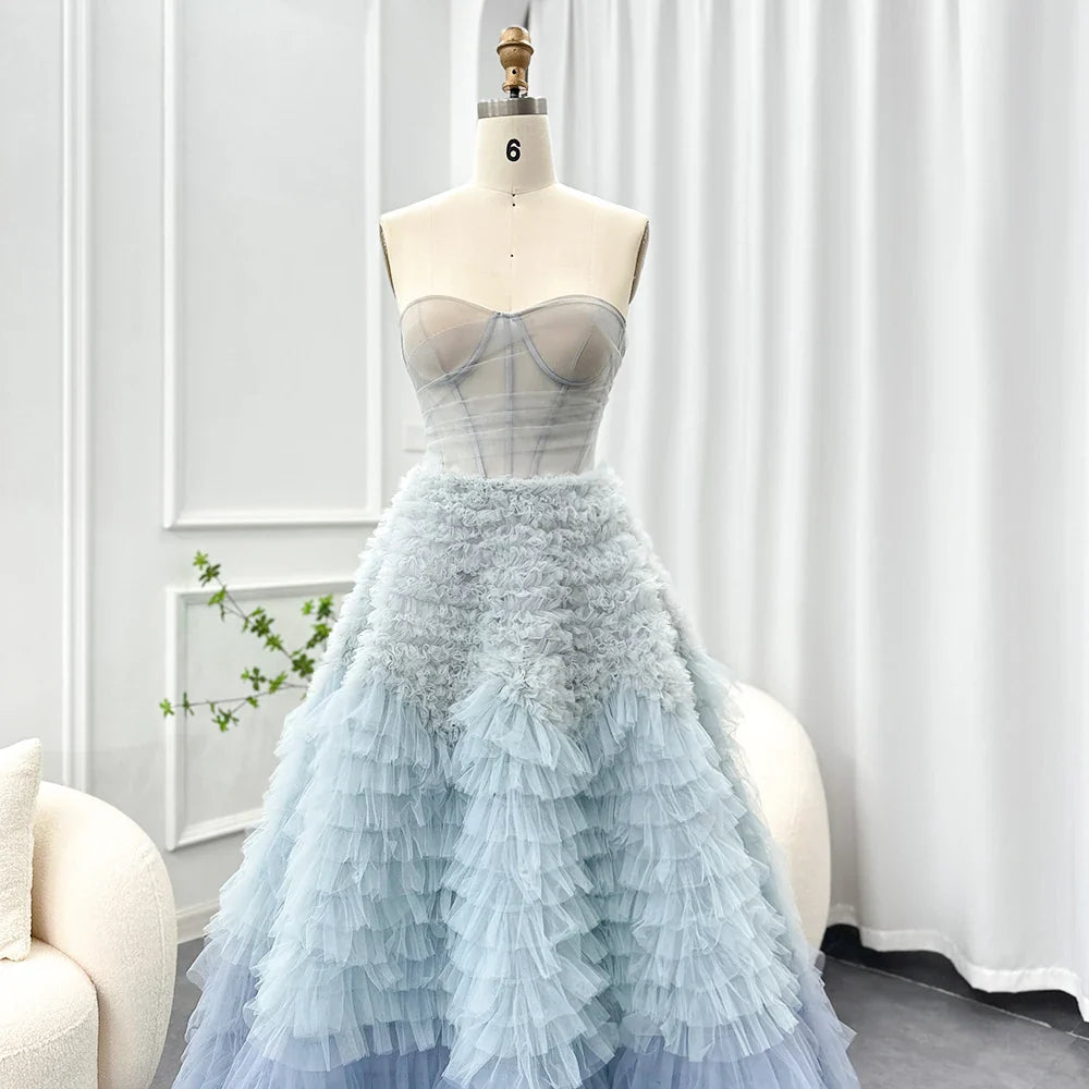 Chic Blue Ombre Tiered Ruffles Evening Dresses Luxury Dubai Ball Gown Prom Dress for Women Wedding Party