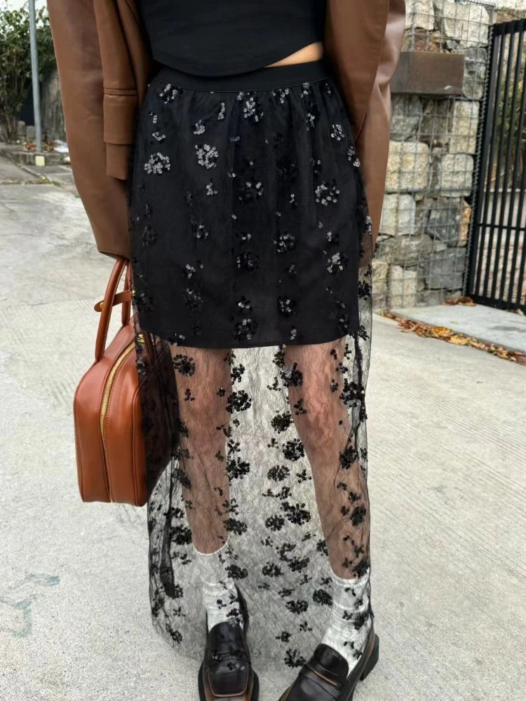 qgtao  See Through Long Skirt Women White Korean Fashion High Waist A-line Sequin Lace Patchwork Sexy Transparent Mesh Skirt