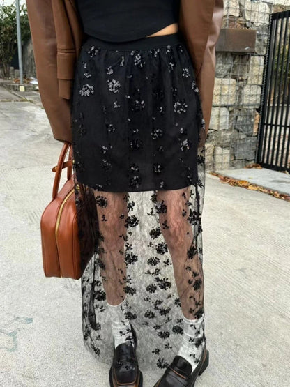 qgtao  See Through Long Skirt Women White Korean Fashion High Waist A-line Sequin Lace Patchwork Sexy Transparent Mesh Skirt