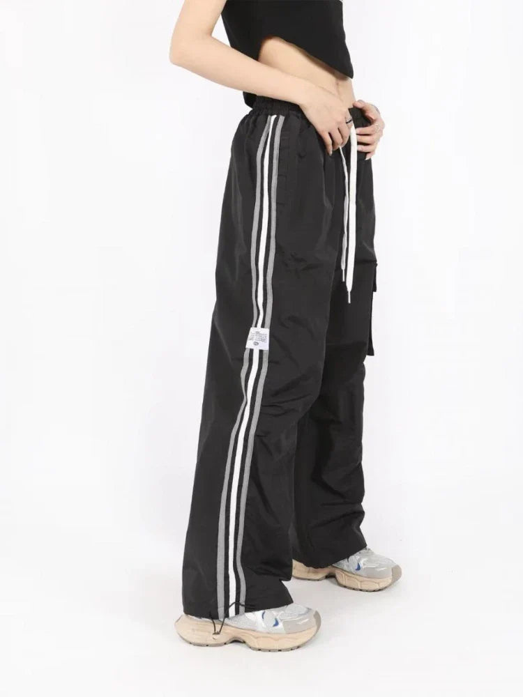 qgtao Y2K Cargo Pants Women Baggy Vintage High Waist Stripe Sweatpants Casual Loose Drawstring Parachute Jogger Wide Leg Pants