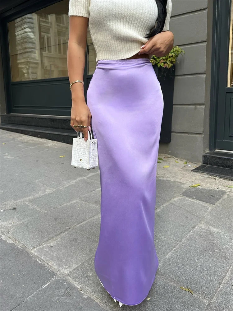 qgtao High Waist Solid Fashion Long Skirt Women Slim Patchwork Elegant Y2k Maxi Skirt Autumn 2023 Satin Sexy Ladies Maxi Skirt