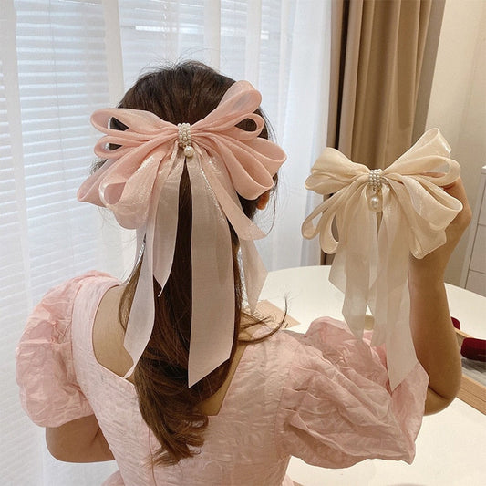 summer New Pearl Pendant Big Organza Bow Hair Clip Fashion Hair Accessory Women's Large Ribbon Bow Hairpin Head Back Top Clip