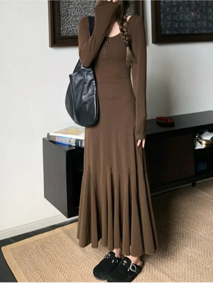 qgtao Black Long Dress Women Vintage Fishtail Dresses Female Party Fashion Long Sleeve Dress Ladies Elegant Casual Ruffle Robe