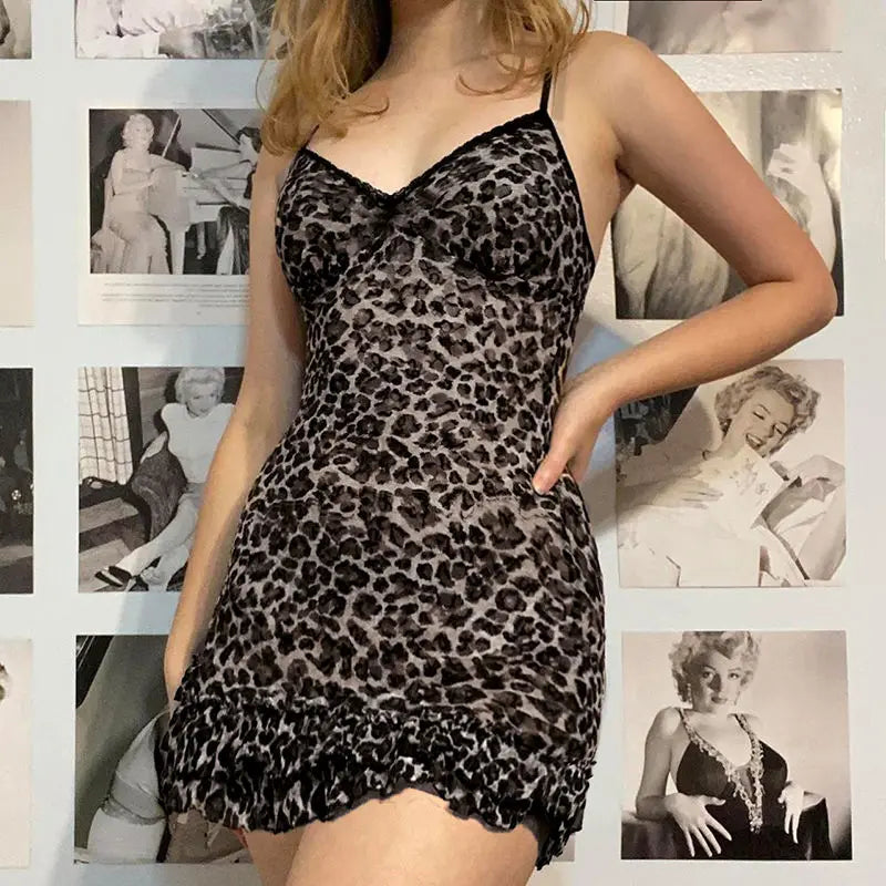 qgtao Leopard Printed Sexy Woman Dress Slim Mini One Piece Y2k Sleeveless Vintage Dress Hotsweet Lece Short Bodycone Female