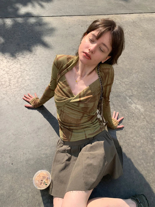 HOUZHOU Vintage Y2k T-shirts Women Grunge Aesthetics Tie Dye Long Sleeve Tees Hippie Korean 2000s Streetwear Harajuku Female