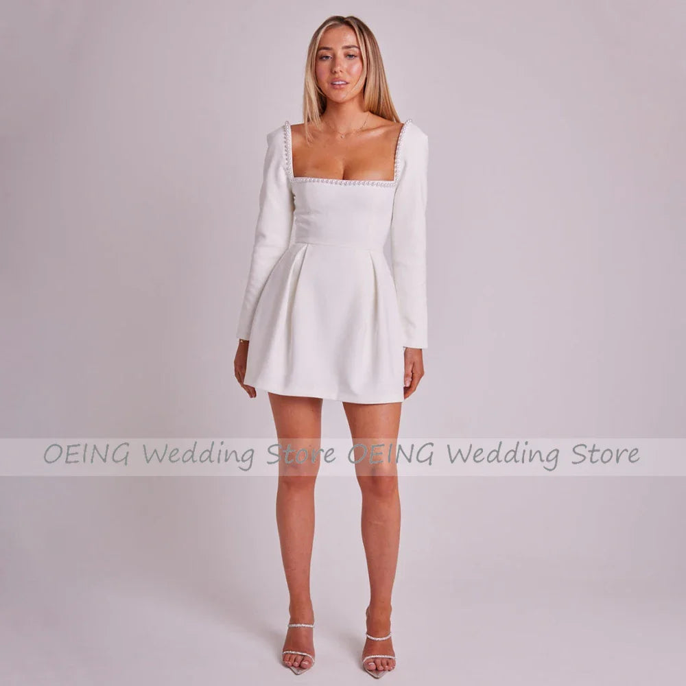 qgtao Short Wedding Dress 2023 Long Sleeves Pearls Square Collar Mini  Gown for Women Bride A Line Backless Cute Bridal Dresses