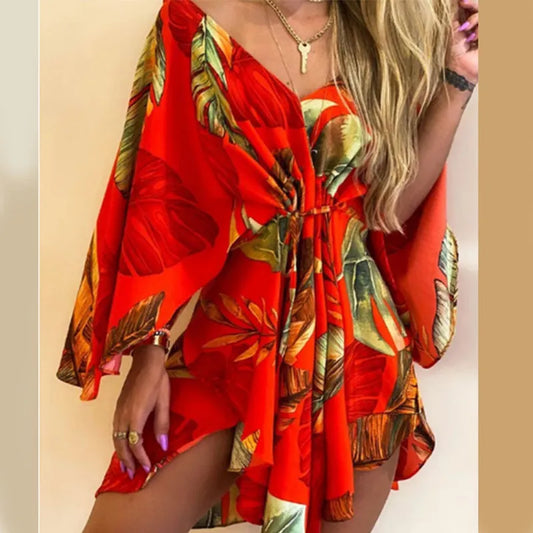 qgtao Sexy Women Autumn Mini Dress Floral Print V Neck 3/4 Bat Sleeve Lace Up Irregular Hem Casual Loose Beach Cover Up Dress