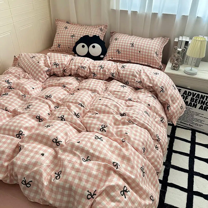 Yeknu New Fashion Bedding Set Ins Floral Single Double Size Duvet Cover Flat Sheet Pillowcase Grid Solid Color Home Girls Bed Linens