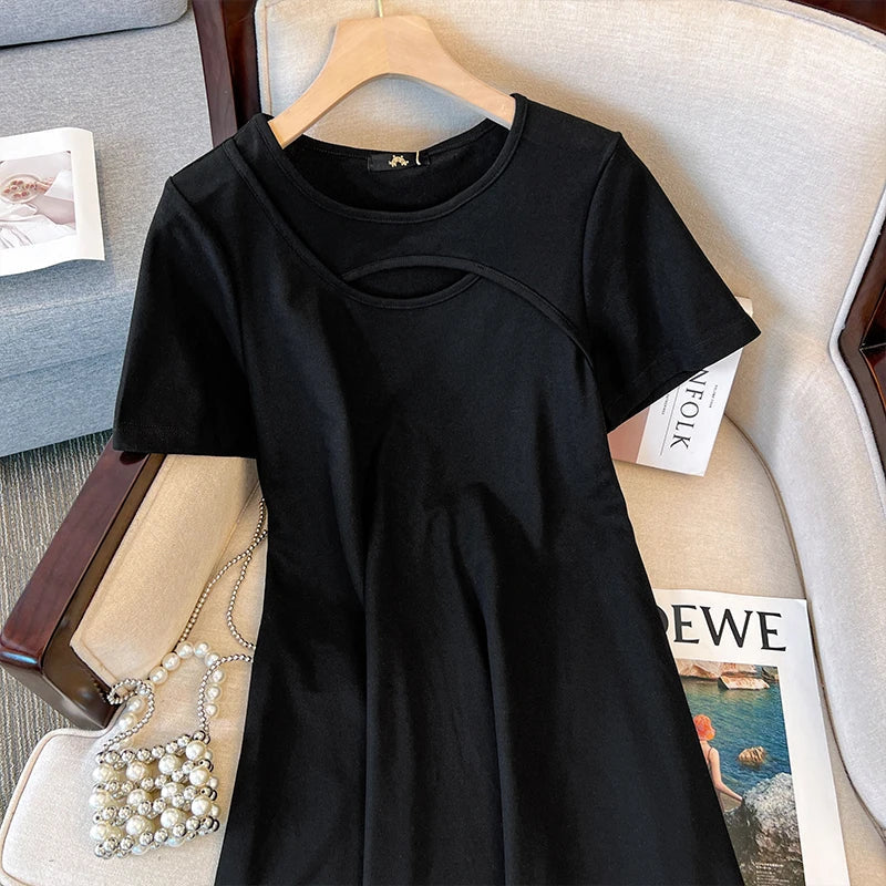 qgtao Plus-size women's summer casual dress front hollow design sexy party dress loose comfortable cotton bead fabric commuter dress