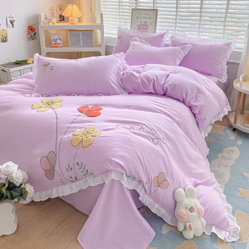 Yeknu Ins Korean Style Bedding Set with Ruffles Princess Duvet Cover No Filling Flat Sheet Pillowcases Kit Girls Blue Pink Solid Color