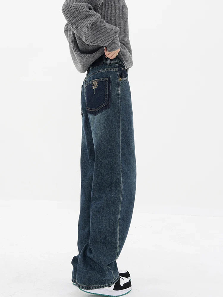 qgtao Blue Jeans For Women High Waist Vintage Straight Baggy Denim Pants Streetwear American Style Fashion Wide Leg Denim Trouser