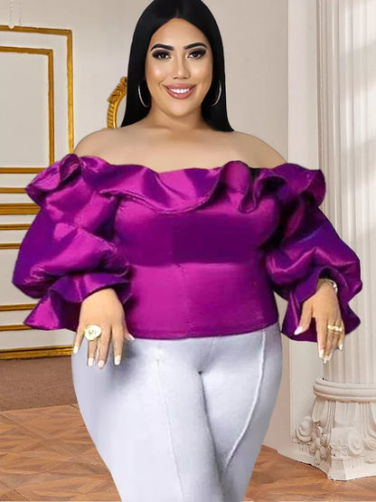 qgtao Off Shoulder Blouse Plus Size Ruffles Long Flare Sleeve Shiny Purple Tops Evening Party Cocktail Club Wear Shirts Blouses 4XL