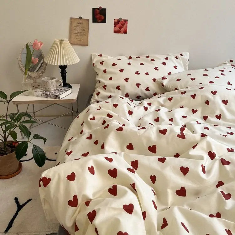 Yeknu Korean Style Bedding Set Twin Queen Size Cute Cream Cherry Duvet Cover Flat Sheet Pillowcase Polyester Princess Girl Bed Linen