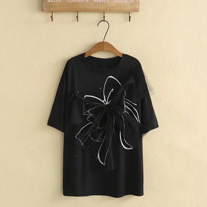 qgtao Plus Size Clothes For Women In Summer Short Sleeve Cotton T-Shirt Large Bow Decoration In Mesh Fabric Large Size Cotton Tops