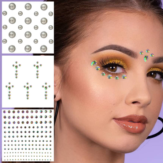 Face Jewelry Temporary Tattoos Eyes Eyeshadow Bindi Dots Crystals Gems Sticker Sparkle Pearl Tears Makeup Jewels Halloween Rave