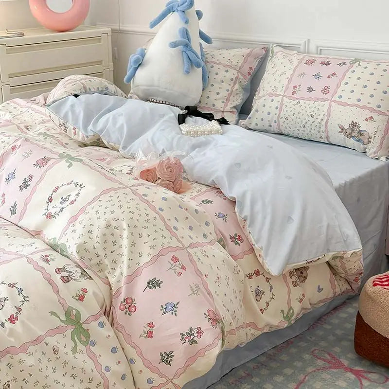 Yeknu New Fashion Bedding Set Ins Floral Single Double Size Duvet Cover Flat Sheet Pillowcase Grid Solid Color Home Girls Bed Linens