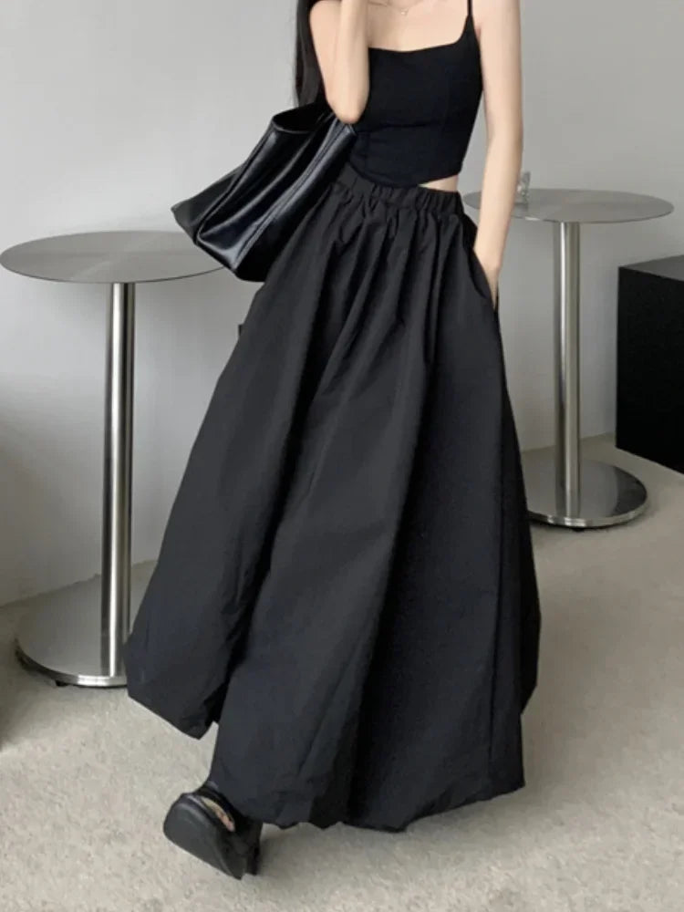 qgtao Long Skirt Women Elegant Solid Elastic Waist A-line Vintage Korean Fashion Loose Balloon Maxi Skirt Casual Streetwear