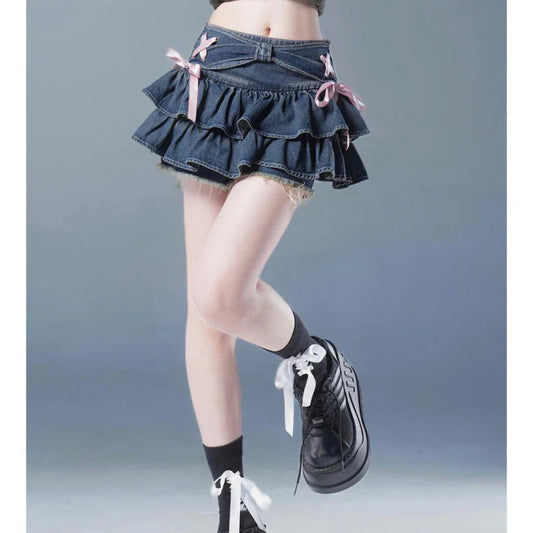 qgtao Korean Sweet Denim Mini Skirt Women Ruffle Kawaii Bow Coquette Skirt Vintage Summer Cutecore Black A-line Short Skirts