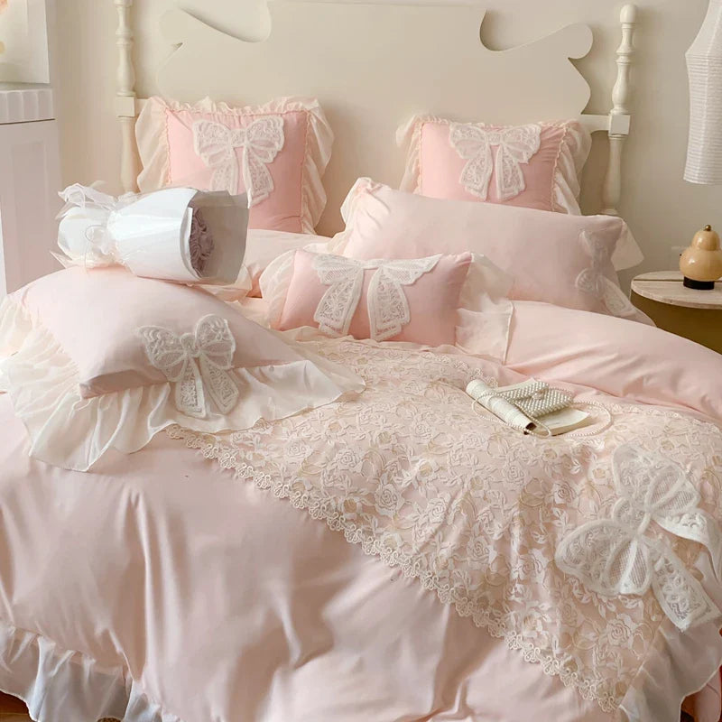 Yeknu Korean Princess Bedding Set Coquette Lace Bow  Beauty Solid Color Lace Ruffle Comforter Sets Luxury Girls Wedding  Duvet Cover