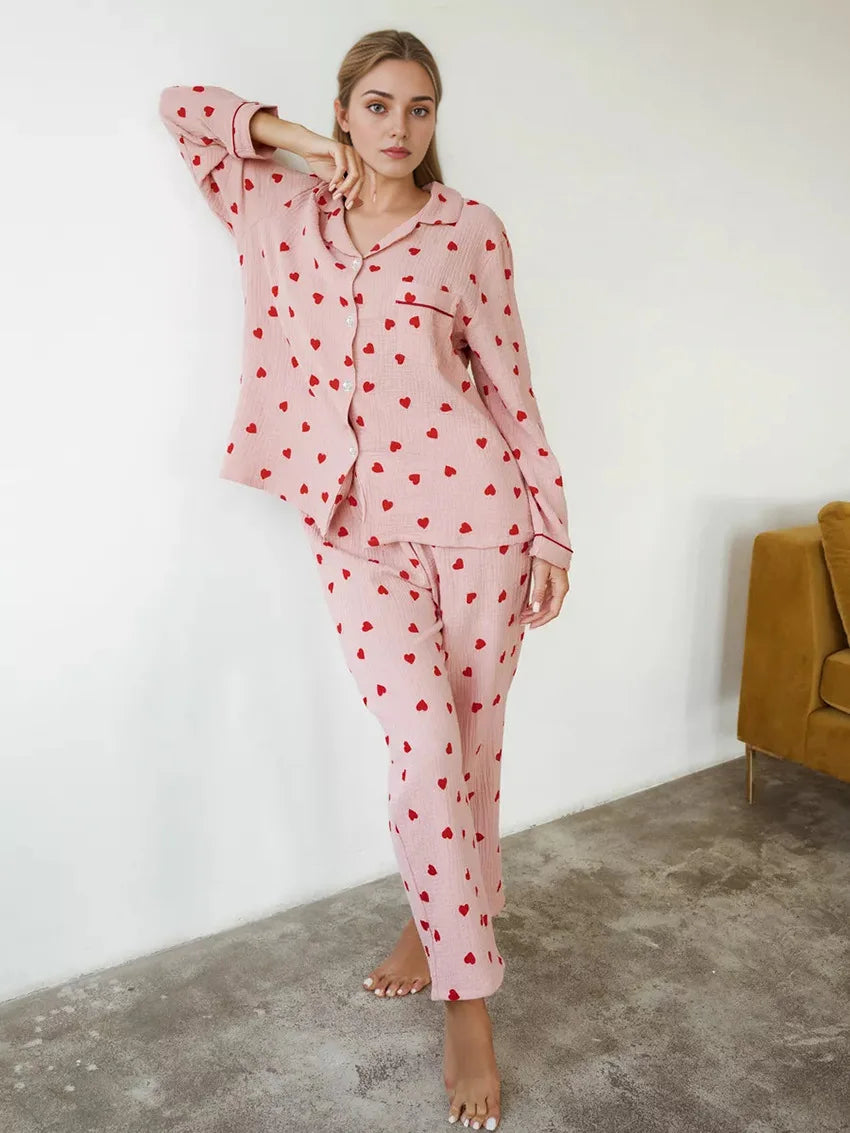 qgtao Lovely pure Cotton Women's Pajamas Ins Tiktok Popular Sweet Heart Printed Sleepwear Comfort Soft Cute Two-piece Set Homeclothing