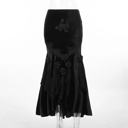 qgtao  Vintage Gothic Aesthetic Elegant Mermaid Skirts Grunge Punk High Waist Velvet Party Skirt Female Sexy Rose Alt Bottoms