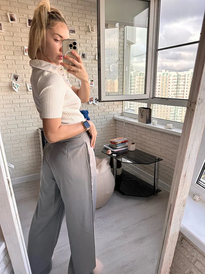 Mnealways18 Classic Grey Pleated Pants Woman 2024 Vintage Outfit Spring Baggy Pants Office Trousers Pocket Wide Leg Pants Ladies