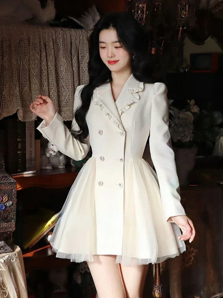 qgtao-Spring Elegant Blazer Dress Women Lace Patchwork Party Mini Dress Female Button Casual Korean Fashion Y2K Bow Kawaii Dress 2024