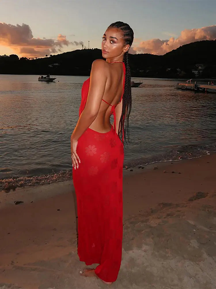 qgtao Sexy Hanging Neck Hollow Out Red Maxi Dress Sexy Off Shoulder Backless Slim Dresses 2024 Summer Street Nightclub Partywears