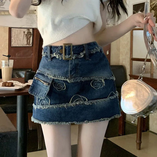 Vintage Distressed Denim Skirt Women 2023 Summer Raw Edge Embroid Design Mini Skirts Woman Korean High Waist Skirt with Shorts