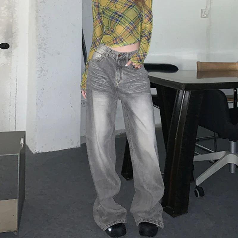 qgtao Y2k Vintage Jeans Women High Waist Baggy Straight Casual Wide Leg Pants Streetwear Fashion Distressed Loose Denim Trousers