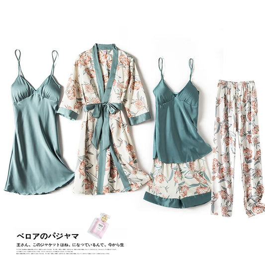 qgtao Sleepwear2024 Spring/summer Women's Sexy Thin Ice Silk Five Piece Set Long Sleeved Pajamas with Chest Pads Sleepwear Pants Pajama Sets