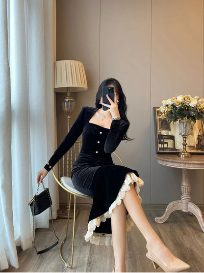 qgtao  Black Elegant Dress Women Vintage Bodycon Long Dresses Party Lace Patchwork Evening Prom 2024 Fashion Robe Slim