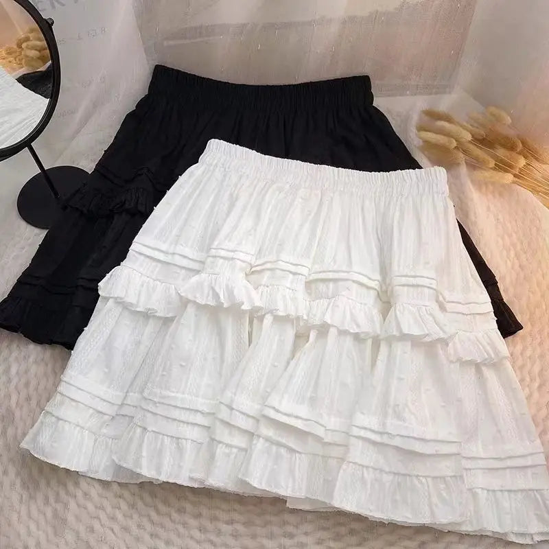 qgtao Lolita Pleated Ruffle Mini Skirts Women Casual White Short Skirt Cutecore Korean Style Sweet Girl Black Layered Skirt