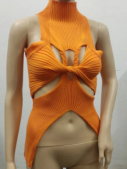 qgtao Sexy Crop Top Women T shirt Summer Cut Out Vest Round Collar Sleeveless Solid Knitting Tank Tops  Hollow Out Street wear